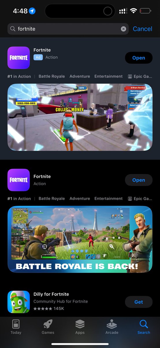 maya57798995's tweet photo. fortnite back on the app store who wanna run ittt https://t.co/kdoRdqlK90