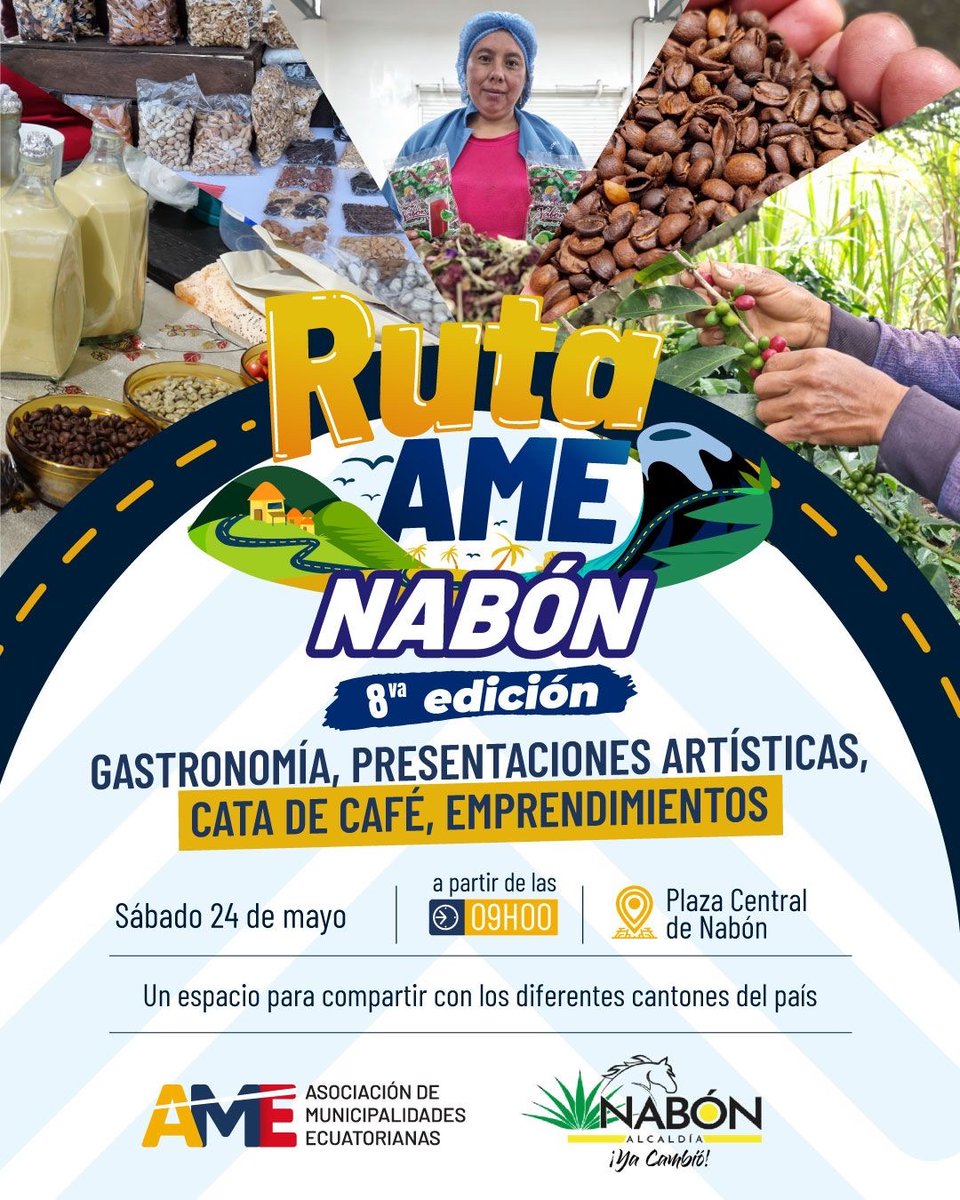 ¡Este sábado 24 de mayo vive la #RutAMENabón! 

Disfruta de gastronomía local, cata de café, arte en vivo y emprendedores que inspiran. 

Una experiencia única que resalta lo mejor de este hermoso rincón del #Azuay. 

¡No te lo pierdas!