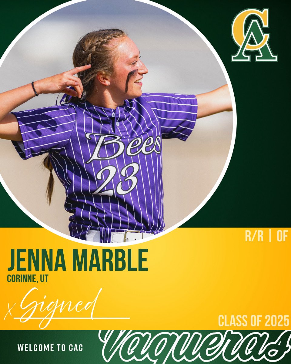 Our next signee for our 25’-26’ class is Jenna! 🥎

She is an outfielder from Utah and we can’t wait to have her on campus as a Vaquera 🤠💚