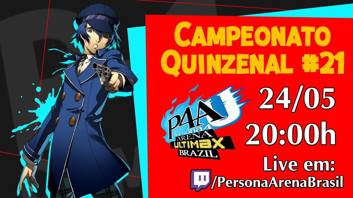 Inscrições abertas pro Quinzenal #21 de Persona 4 Arena Ultimax! Nesse sábado 24/05, aberto pra toda América do Sul!

Inscreva-se aqui: challonge.com/pt_BR/tourname…
Nosso Discord: discord.gg/unw2Zw8vcZ