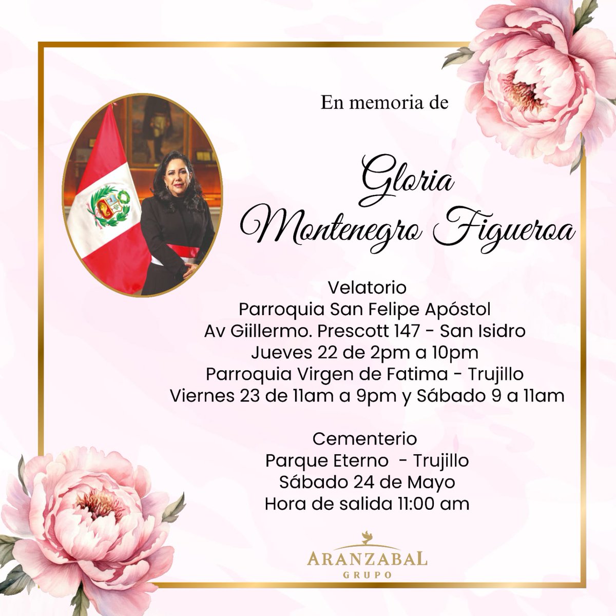 #GloriaMontenegro 🕊
Honras fúnebres 😔
Para todos los que consultan dónde despedirse de Gloria, tanto en Lima como en Trujillo, dejo esto por aquí 👇