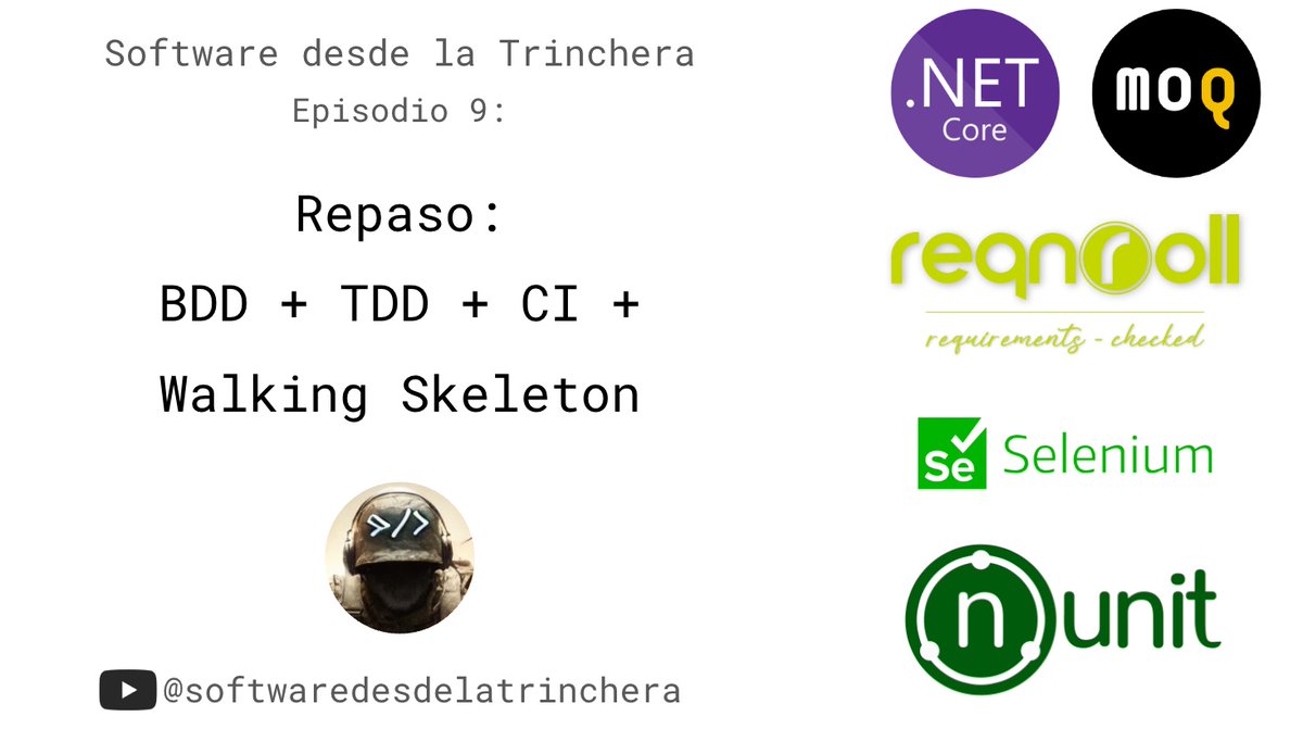 En el episodio de hoy de #softwaredesdelatrinchera repasaremos todo los visto hasta el momento, eso es:  #WalkingSkeleton + #BDD + #TDD + #IntegraciónContinua + #Mocking + otras yerbas. 
No vemos en minutos aquí: youtube.com/watch?v=aQz0O_…