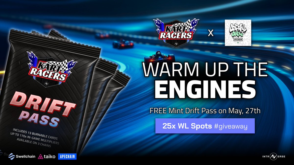 We're joining Kart Racers III by <a href="/intraVerse_Game/">Intraverse</a> for a huge 20,000 USD prize pot🏁🦦
 
🎁 25x WL spots #giveaway to mint Drift Pass: 
⚡️ Like + RT 
⚡️ Follow <a href="/intraVerse_Game/">Intraverse</a> + <a href="/OtterfulOtters/">Otterful Otters</a>  

Drop your EVM wallet  

Mint on May 27th on <a href="/swellchain/">HyperCat</a> <a href="/taikoxyz/">Taiko.eth 🥁</a> <a href="/ApeChainHUB/">ApeChainHUB</a>