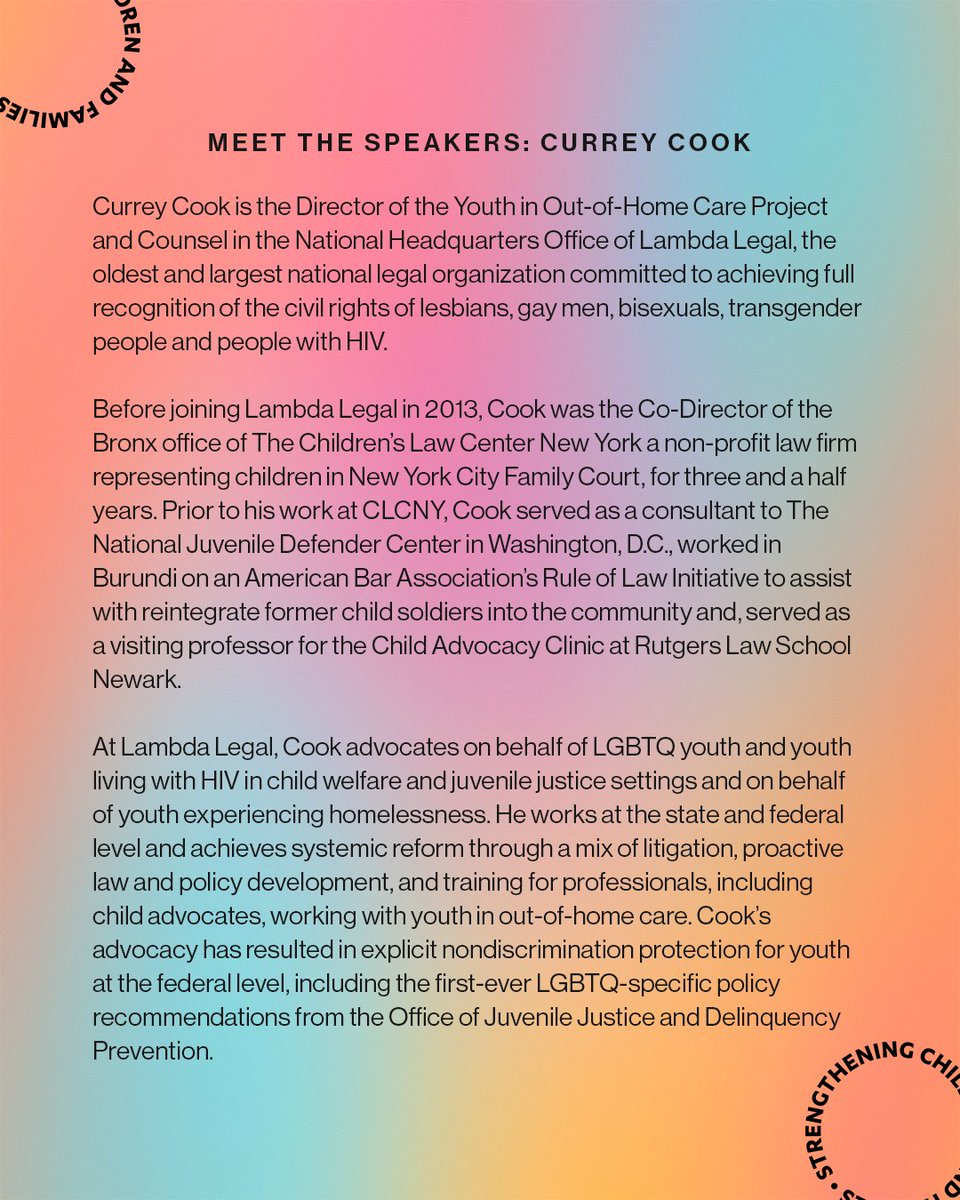UCLA Pritzker Center (@uclapritzker) on Twitter photo We’re excited to introduce Currey Cook from <a href="/LambdaLegal/">Lambda Legal</a> as one of our amazing speakers for our Pride Talk, "Strengthening Support Networks for LGBTQ+ Youth" on June 5. Swipe to learn more about Currey!
Don’t miss this powerful conversation—RSVP now at the link in our bio! 💬🌈 We’re excited to introduce Currey Cook from <a href="/LambdaLegal/">Lambda Legal</a> as one of our amazing speakers for our Pride Talk, "Strengthening Support Networks for LGBTQ+ Youth" on June 5. Swipe to learn more about Currey!
Don’t miss this powerful conversation—RSVP now at the link in our bio! 💬🌈