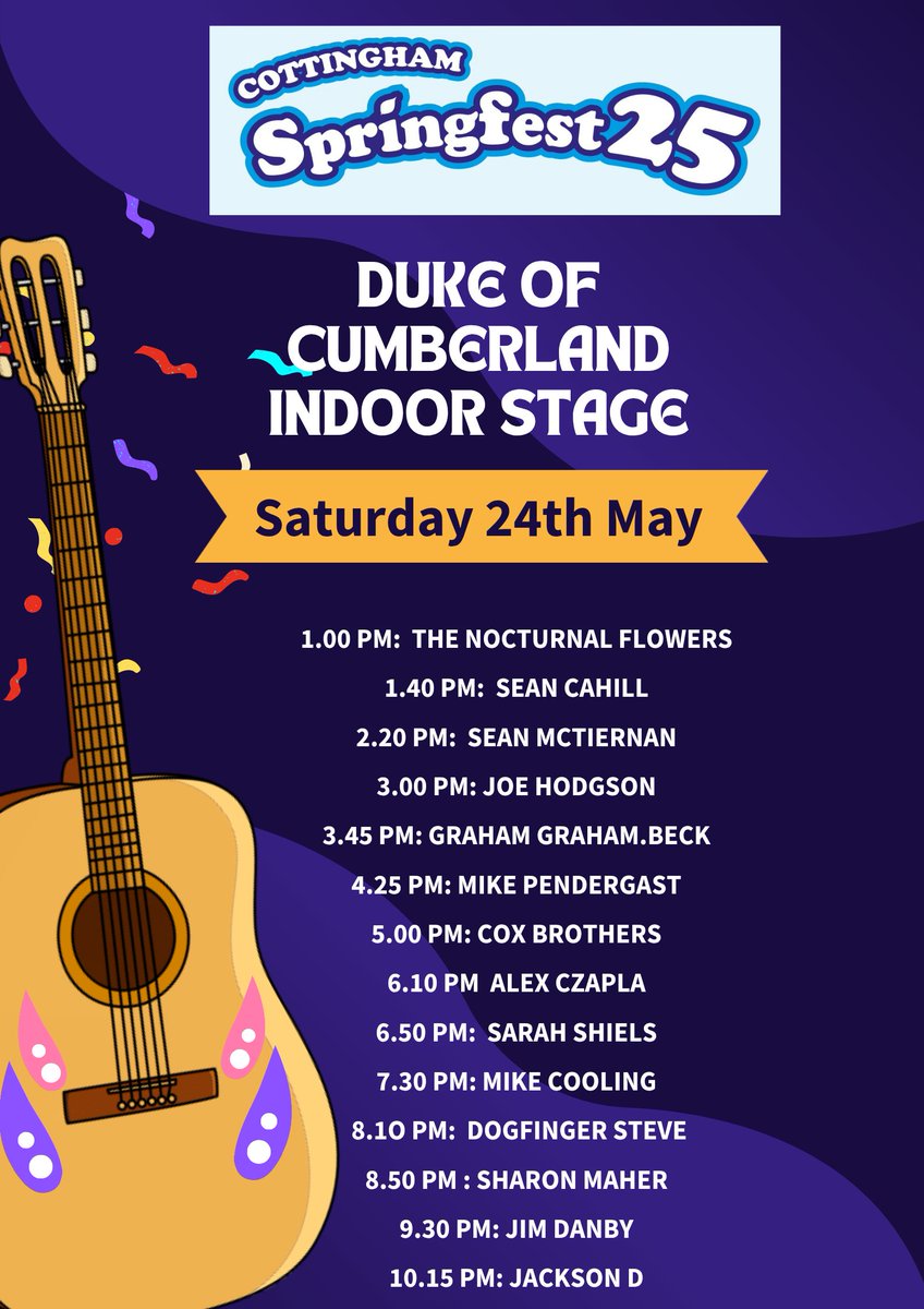 Quiet Riot E Yorks (@quietriotgigs) on Twitter photo Saturday schedule for the indoor stage at the Duke of Cumberland for  Cottingham Springfest. There is a Culture Train stage indoors at the Duke with 14 acts performing from 1pm onwards. Saturday schedule for the indoor stage at the Duke of Cumberland for  Cottingham Springfest. There is a Culture Train stage indoors at the Duke with 14 acts performing from 1pm onwards.