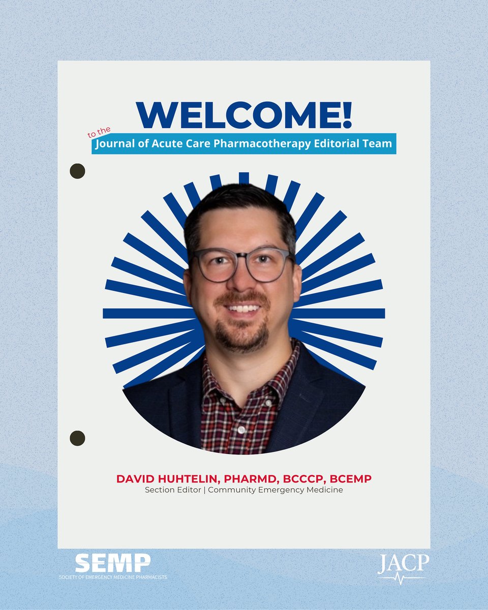 EMpharmacists's tweet photo. Join us in welcoming David Huhtelin, PharmD, BCCCP, BCEMP to the JACP Editorial Team! His EM pharmacy expertise will help shape the future of acute care pharmacotherapy.
Welcome to the team!
#SEMP #JACP #PharmTwitter #EmergencyMedicine #Pharmacy #EMRx #twitteRx https://t.co/KoBCLuDuQn