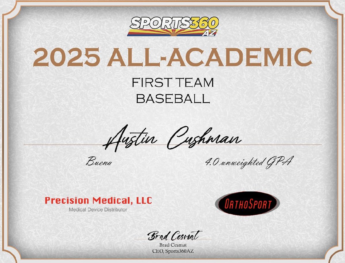 Congrats to Austin Cushman (<a href="/CUSHMAN20251/">AUSTIN CUSHMAN 2025</a>) on making the <a href="/Sports360AZ/">Sports360AZ</a> 2025 All Academic First Team!  #StudentAthlete #CochiseCollegeCommit
