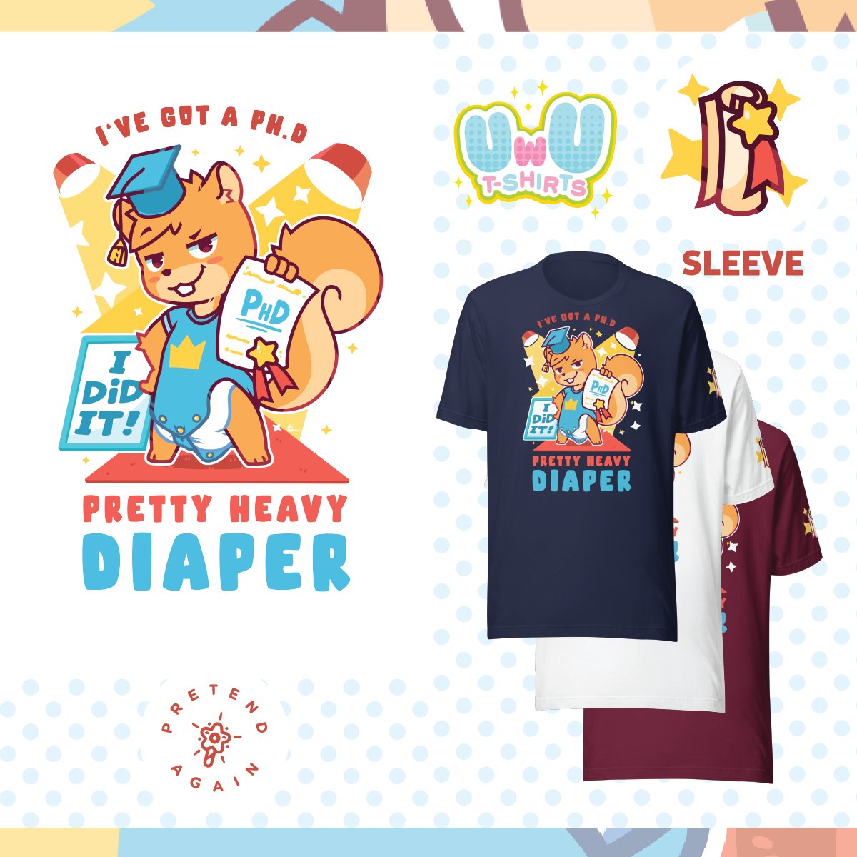 ✨ Congratulations Graduates! It's that time of year! 🎓 All your studying paid off! From what sound a cow makes, to learning your colors, you've finally earned your Ph.D.! Pretty Heavy Diaper, that is! #UwU #ABDL

Celebrate Your PhD! pretendagain.com/products/ive-g…