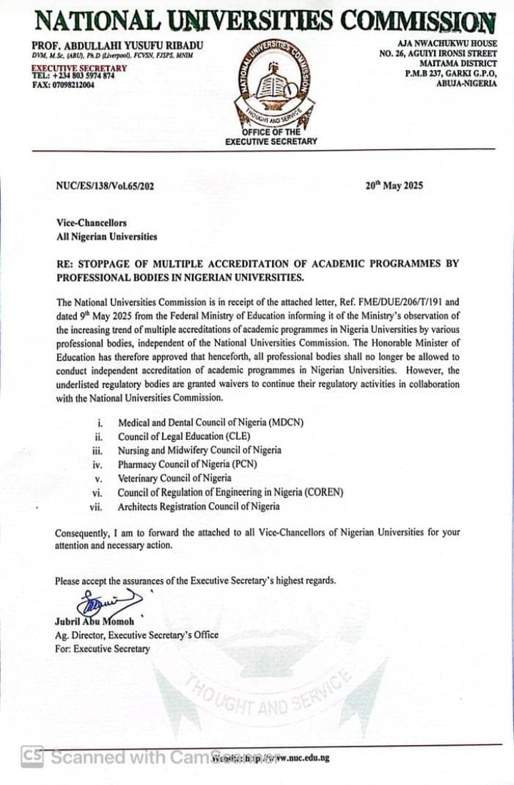 YmlsfNigeria's tweet image. A circular from @OfficialNUC stating that an approval from the Honorable Minister of Education @NigEducation has deprived regulatory bodies the right to conduct independent accreditation for academic courses (professional courses) in Nigerian Universities.