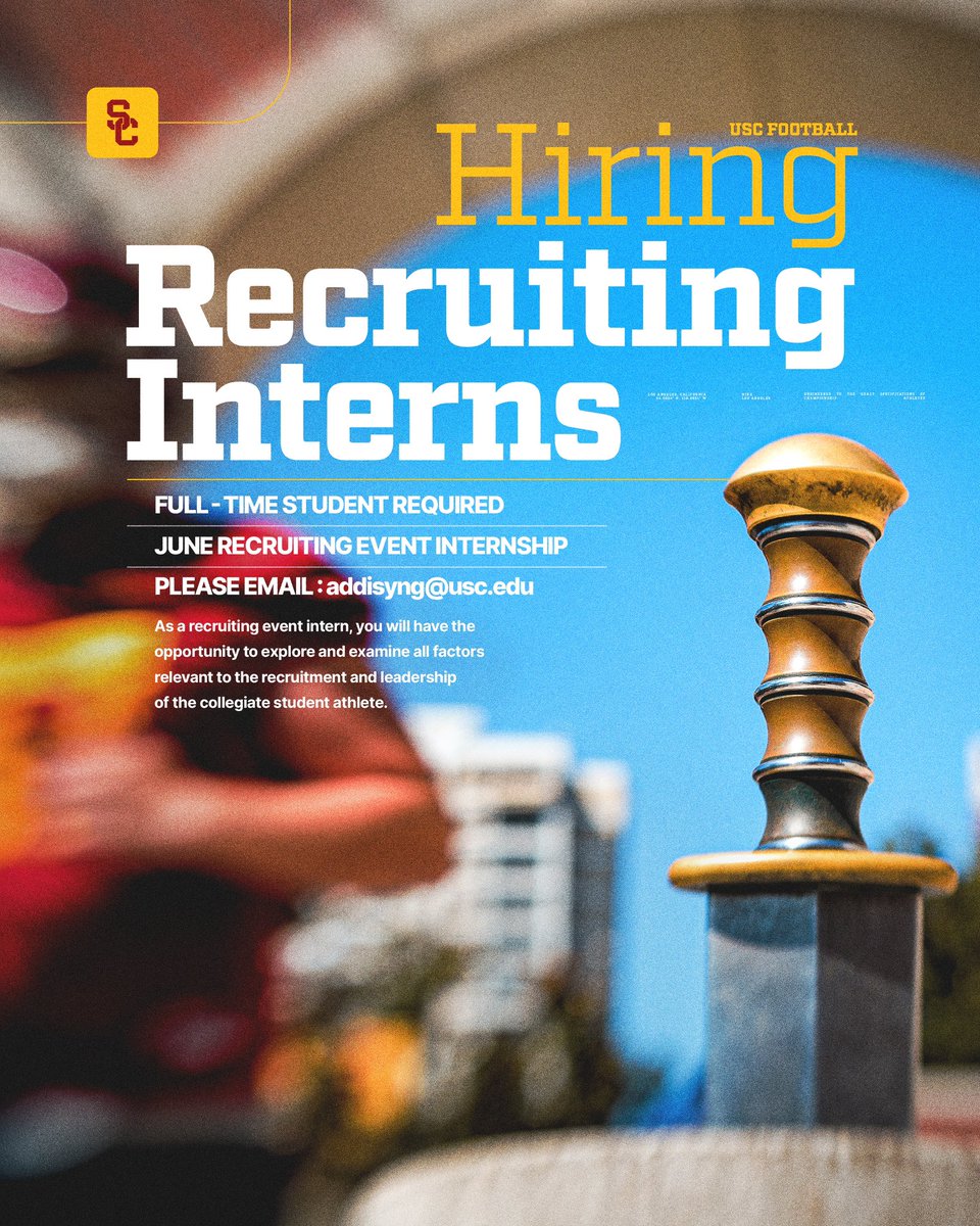 USC Football ✌️ (@uscfb) on Twitter photo USC students… come build with us 💪📈
If you are:
- Enthusiastic
- Hardworking
- Dedicated
We want you on our team! Email your resume to addisyng@usc.edu if you’re interested, time’s running out ⏰⚔️ USC students… come build with us 💪📈
If you are:
- Enthusiastic
- Hardworking
- Dedicated
We want you on our team! Email your resume to addisyng@usc.edu if you’re interested, time’s running out ⏰⚔️