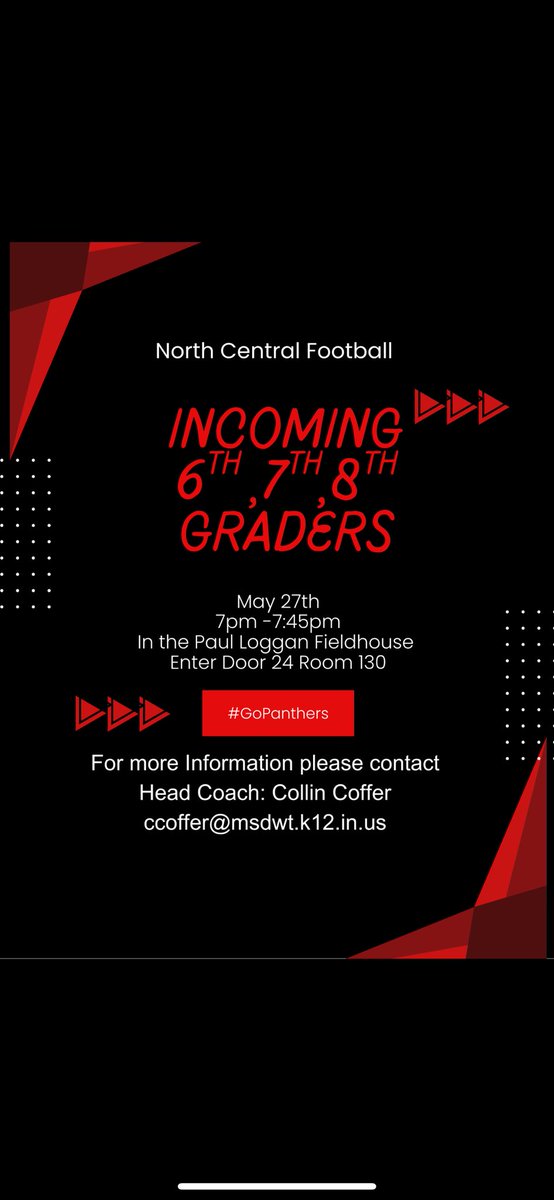 Attention any incoming 6th,7th, and 8th graders players and parents! We will be having our middle school football players Meeting on May 27th at 7pm in the Paul Loggan Fieldhouse! Please enter door 24! See more information below! #GoPanthers