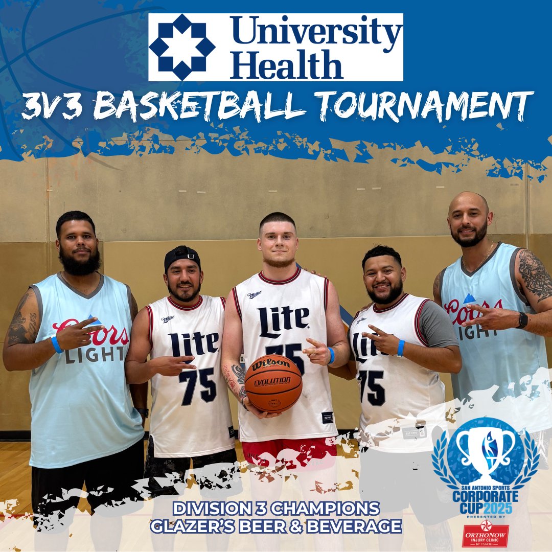 Congrats to our Division 1, Division 2 and Division 3 University Health 3v3 Basketball Tournament winners!
Div 1: SWBC 
Div 2: Medtronic
Div 3: Glazer's 

Thanks to our overall #SASCorpCup sponsor,  OrthoNow by TSAOG!
Visit corprcup.org for scores &amp; standings.