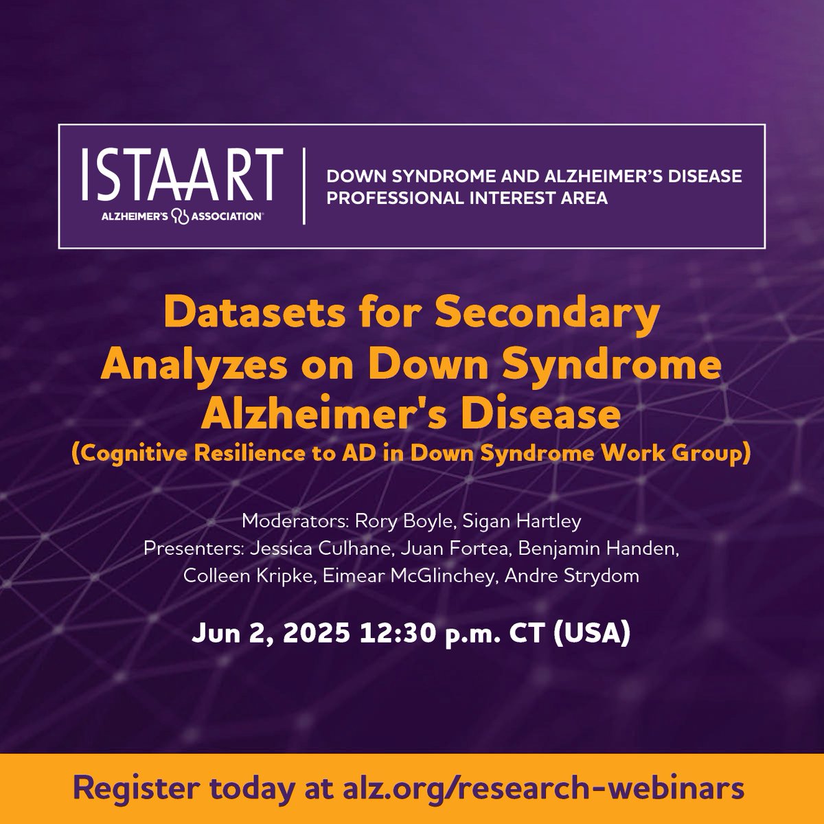 National Alzheimer's Coordinating Center (NACC) (@naccdata) on Twitter photo Register today to join the <a href="/ISTAART/">ISTAART</a> <a href="/DownSyndromePIA/">Down Syndrome and Alzheimer's Disease PIA</a> on June 2, 2025 at 12:30 pm CT to learn about datasets relevant to Down Syndrome Alzheimer's Disease that are available to other researchers including <a href="/NACCData/">National Alzheimer's Coordinating Center (NACC)</a>.
alz-org.zoom.us/webinar/regist… Register today to join the <a href="/ISTAART/">ISTAART</a> <a href="/DownSyndromePIA/">Down Syndrome and Alzheimer's Disease PIA</a> on June 2, 2025 at 12:30 pm CT to learn about datasets relevant to Down Syndrome Alzheimer's Disease that are available to other researchers including <a href="/NACCData/">National Alzheimer's Coordinating Center (NACC)</a>.
alz-org.zoom.us/webinar/regist…