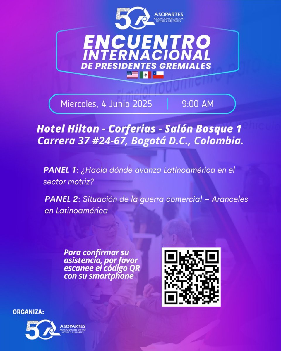 🚗 Líderes que mueven Latinoamérica
Este 4 de junio vive el Encuentro Internacional Gremial en Bogotá.
🌎 Conectamos con 🇲🇽🇺🇸🇨🇱 y más países del sector motriz.
📍 Hotel Hilton – Corferias
🕘 9:00 a.m.
🎟 Evento sin costo. Regístrate 👉 forms.gle/UPMEu36kzAvPgN…
#SectorMotriz
