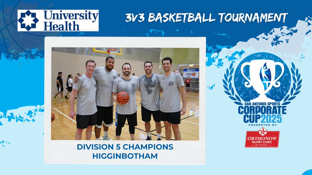 Congrats to our Division 4 and Division 5 University Health 3v3 Basketball Tournament winners!
Div 4: ArchPoint 
Div 5: Higginbotham

Thanks to our overall #SASCorpCup sponsor,  OrthoNow by TSAOG!
Visit corprcup.org for scores &amp; standings.
