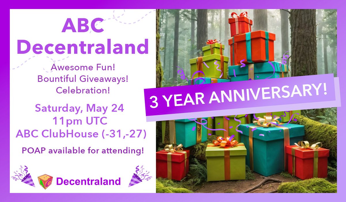 ABC Decentraland (@abcdecentraland) on Twitter photo THIS SATURDAY! We are celebrating our 3 years of Adventures in <a href="/decentraland/">Decentraland</a>!
It will be one not to miss! We'll be doing some BIG giveaways!
Saturday May 24th, 11pm UTC
At our DCL Clubhouse -31,-27
And streaming on Twitch and Parti
#Web3 THIS SATURDAY! We are celebrating our 3 years of Adventures in <a href="/decentraland/">Decentraland</a>!
It will be one not to miss! We'll be doing some BIG giveaways!
Saturday May 24th, 11pm UTC
At our DCL Clubhouse -31,-27
And streaming on Twitch and Parti
#Web3
