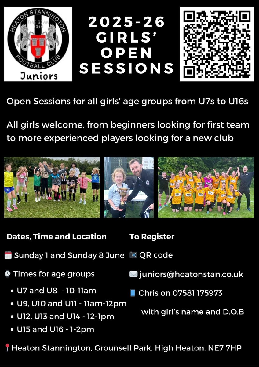 HeatonStanJnrs's tweet photo. ⚽ GIRLS OPEN SESSIONS⚽ The Stan is expanding and looking to add new girls’ teams across all age groups. We offer a fun and welcoming start for new players, and an ambitious environment for experienced girls ready to push on.📍We’d love to see you there! #StanGirlsCan https://t.co/YFbNvqXxOS