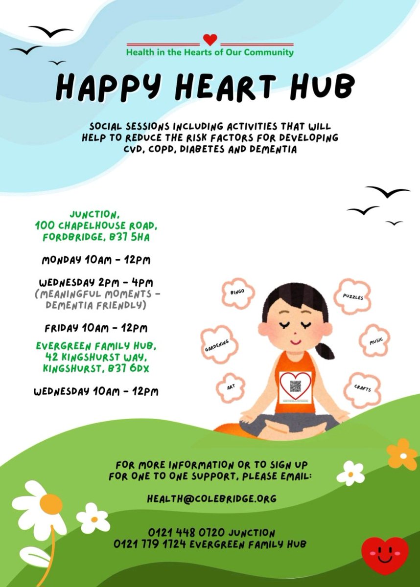 Open to #northsolihull residents.  We're also looking for local volunteers  to help us connect with more of our community and help more local people to live longer, in better health!