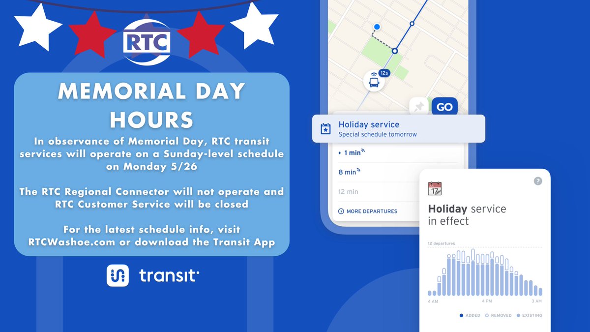 Stay safe and have a fantastic Memorial Day Washoe County! 🚌

RTC Offices and Customer Service will be closed Monday in observance of the holiday. Transit services will operate on a Sunday-level schedule.

For the latest route information visit RTCWashoe.com or