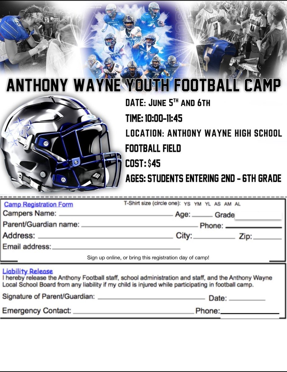 AWHS Football (@awhsfootball) on Twitter photo Join us June 5th and 6th for Youth Football Camp! For students entering grades 2nd-6th!
Register with the link below 👇 <a href="/awlsmo/">Monclova Primary</a> <a href="/awlswa/">Waterville Primary</a> <a href="/awlswh/">Whitehouse Primary</a> <a href="/AWYouthFootball/">Anthony Wayne</a> <a href="/AWJHAthletics/">AWJH Athletics</a>
locallevelevents.com/events/details… Join us June 5th and 6th for Youth Football Camp! For students entering grades 2nd-6th!
Register with the link below 👇 <a href="/awlsmo/">Monclova Primary</a> <a href="/awlswa/">Waterville Primary</a> <a href="/awlswh/">Whitehouse Primary</a> <a href="/AWYouthFootball/">Anthony Wayne</a> <a href="/AWJHAthletics/">AWJH Athletics</a>
locallevelevents.com/events/details…