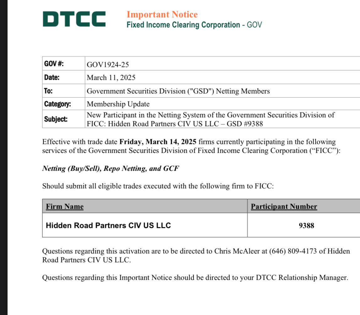Hidden Road recently acquired Membership Status of the DTCC FICC Government  Securities Division (GSD) This is the largest sector of the governments fixed  income market 7 Trillion Daily Volume #Ripple #XRP