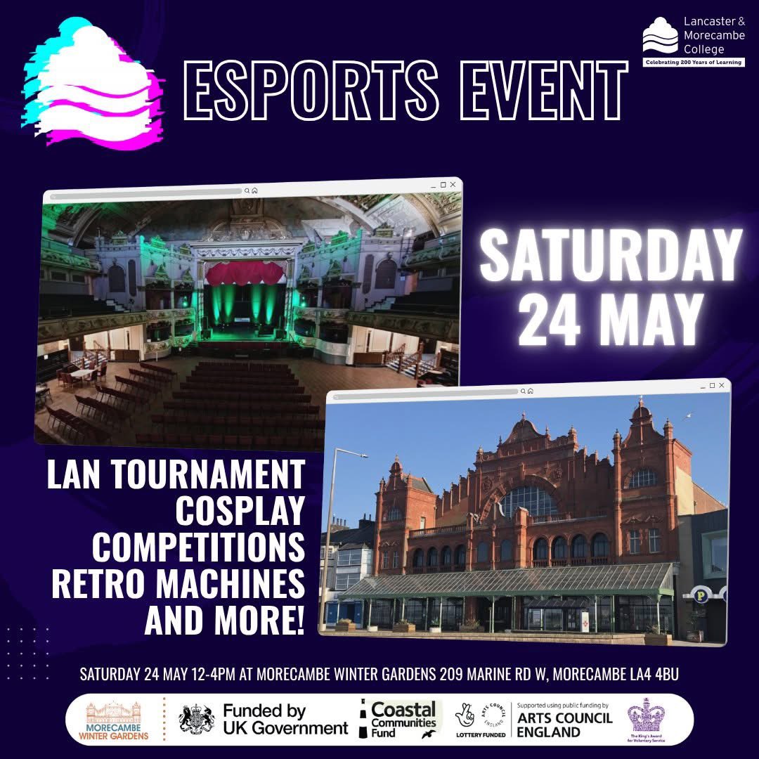 Only 3 days to go until <a href="/LMCollege/">Lancaster & Morecambe College (LMC)</a> Esports host our first ever LAN Tournament and Cosplay event at <a href="/MorecambeWG/">Morecambe Winter Gardens</a>

Come along and experience the energy of live Esports this #halfterm in Morecambe! #free 

More info: esportslmc.wixsite.com/esportsevent

#rocketleague #overwatch #cosplay