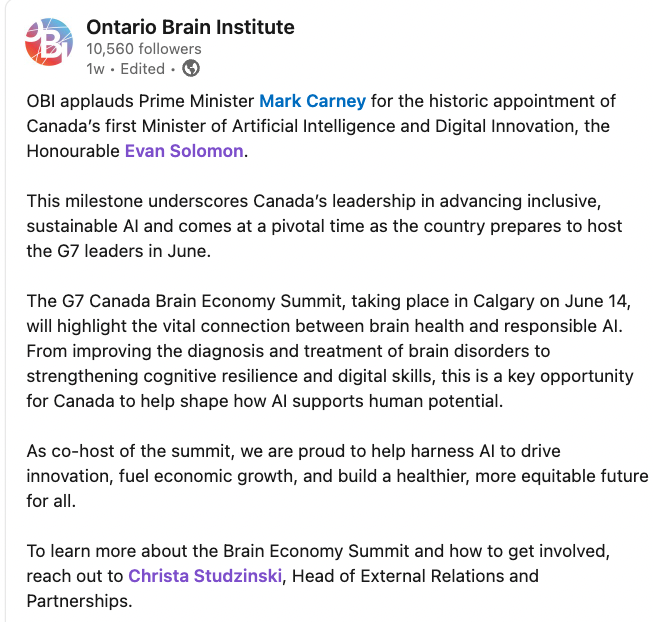 Thrilled to see Canada take a bold step forward with the appointment of the Evan Solomon as the country’s first Minister of Artificial Intelligence and Digital Innovation.
linkedin.com/posts/jeanmich…