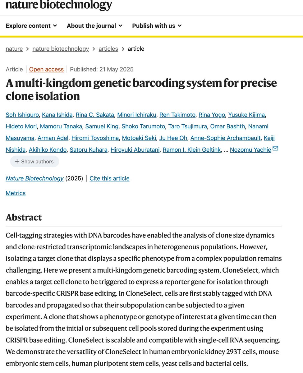 DailyHealthcareAI (@aipulserx) on Twitter photo What innovative technique could solve the challenge of isolating specific cell clones from complex populations?<a href="/NatureBiotech/">Nature Biotechnology</a> <a href="/UTokyo_Rcast/">東京大学先端科学技術研究センター</a> <a href="/yachielab/">yachielab</a> <a href="/SBME_UBC/">UBC School of Biomedical Engineering</a>
"A multi-kingdom genetic barcoding system for precise clone isolation"
• The article introduces CloneSelect, a What innovative technique could solve the challenge of isolating specific cell clones from complex populations?<a href="/NatureBiotech/">Nature Biotechnology</a> <a href="/UTokyo_Rcast/">東京大学先端科学技術研究センター</a> <a href="/yachielab/">yachielab</a> <a href="/SBME_UBC/">UBC School of Biomedical Engineering</a>
"A multi-kingdom genetic barcoding system for precise clone isolation"
• The article introduces CloneSelect, a