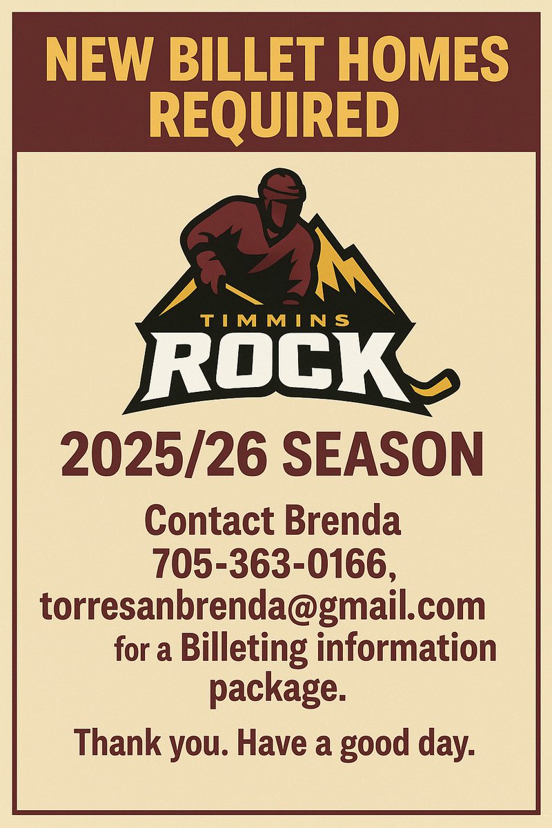 🏒 Timmins Rock Billet Homes Needed! 🏠

We’re looking for amazing families to open their homes to our players for the 2025/26 season!

Being a billet family means supporting young athletes chasing their dreams — and becoming a part of the Timmins Rock family too! ❤️