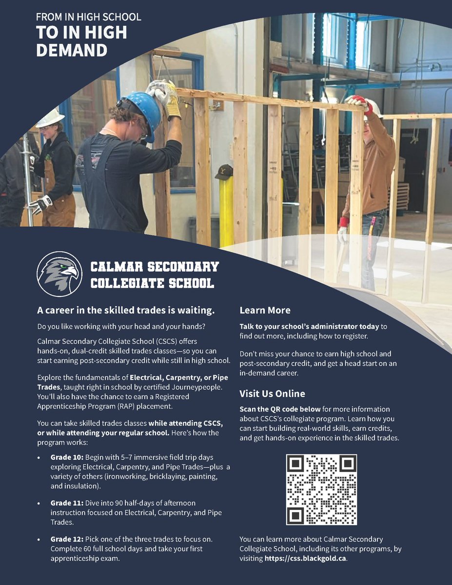 #Calmar Secondary Collegiate School will soon offer high school and college credit through its skilled trades classes! Starting in the 2025–26 school year, interested students can: 

🔨 Explore career pathways
💼 Gain real-world experience
📚 Try college-level learning

#BGSD