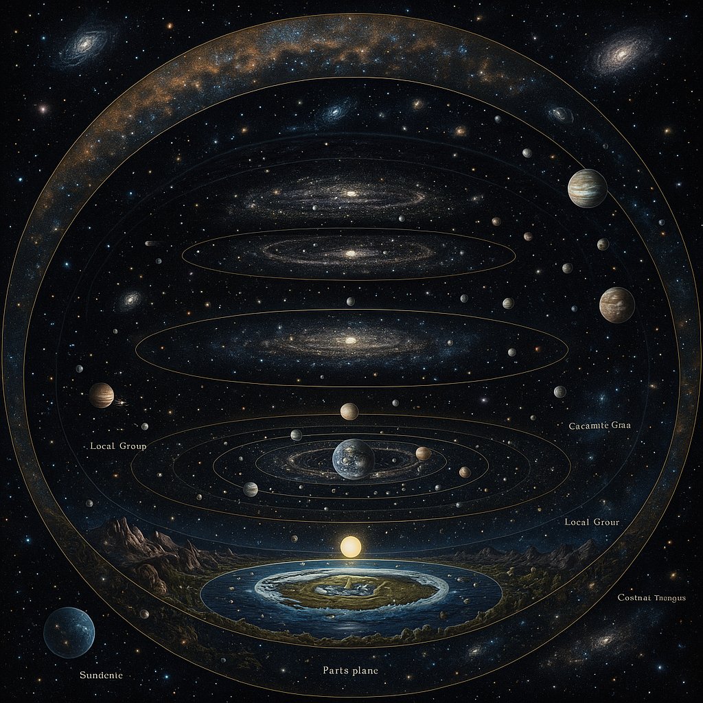 novic_racker's tweet image. &quot;Working on the most complete visual of the universe—scientific + symbolic. Earth plane, cosmic web, consciousness, quantum fields, the works. Building something wild with AI, zero budget, pure grind. #40YOG #AIArt #CosmicMap #DadBotInc&quot; 
This is not a Flat Earth Representation.