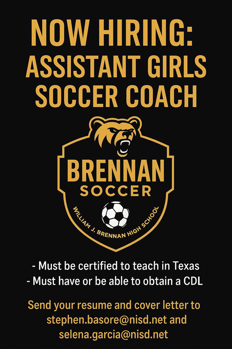 SA High School & Club Soccer (@6a_28) on Twitter photo 🚨6A San Antonio Girls Assistant Coach Job Opening!🚨
<a href="/NISDBrennan/">Brennan High School</a> is searching for a Girls Soccer Assistant Coach!
If you’re interested, email your resume & cover letter to Stephen.Basore@nisd.net & Selena.Garcia@nisd.net
<a href="/LethalSoccer/">Coach Duque</a> <a href="/tascosoccer/">TASCO</a> <a href="/CoachBOtis/">Brianna Otis</a> <a href="/BrennanBearsBC/">Brennan Booster Club</a> 🚨6A San Antonio Girls Assistant Coach Job Opening!🚨
<a href="/NISDBrennan/">Brennan High School</a> is searching for a Girls Soccer Assistant Coach!
If you’re interested, email your resume & cover letter to Stephen.Basore@nisd.net & Selena.Garcia@nisd.net
<a href="/LethalSoccer/">Coach Duque</a> <a href="/tascosoccer/">TASCO</a> <a href="/CoachBOtis/">Brianna Otis</a> <a href="/BrennanBearsBC/">Brennan Booster Club</a>