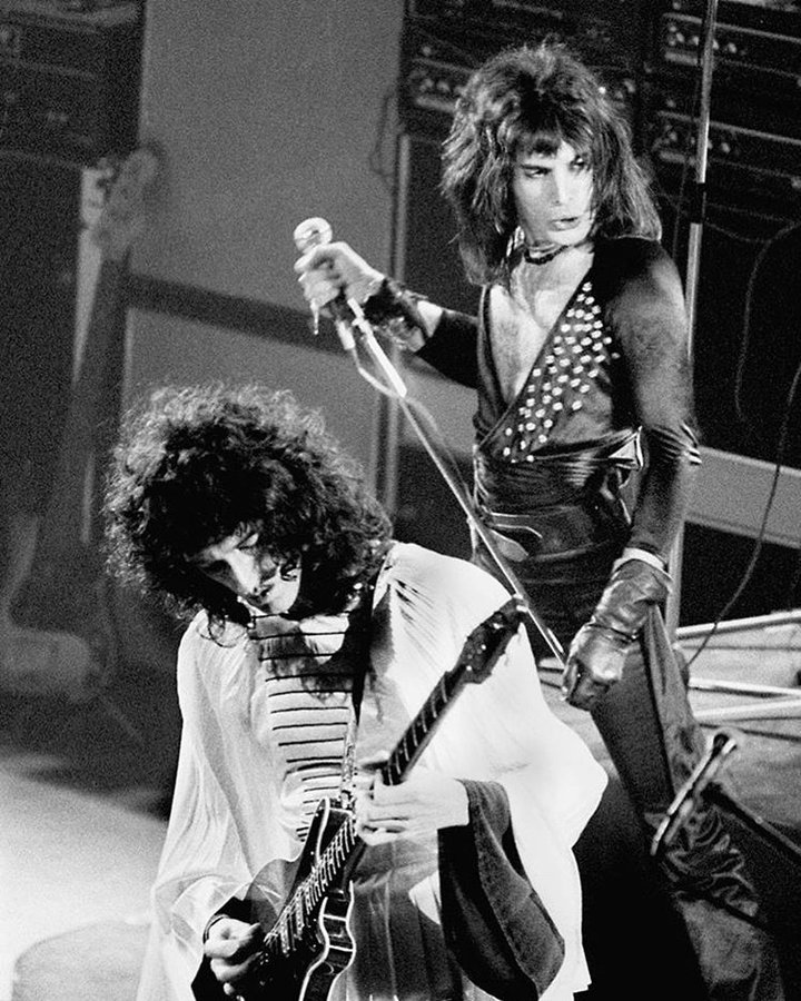 Freddie Mercury and Brian May of Queen photographed on their first solo British tour on October 20th 1974 at Manchester’s Palace Theatre.