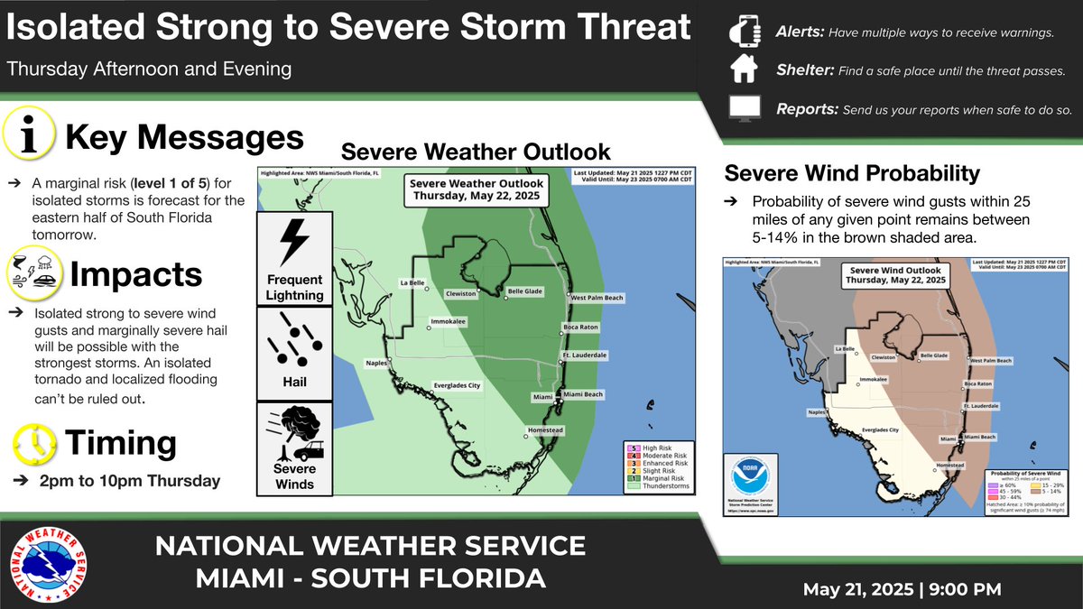 *Heads Up* Outlook: Isolated strong to severe storms will be possible tomorrow from 2pm-10pm across the eastern half of South Florida.

Hazards with the strongest storms:
- Strong to severe wind gusts
- Small to marginally severe hail
- Frequent lightning
- Localized flooding