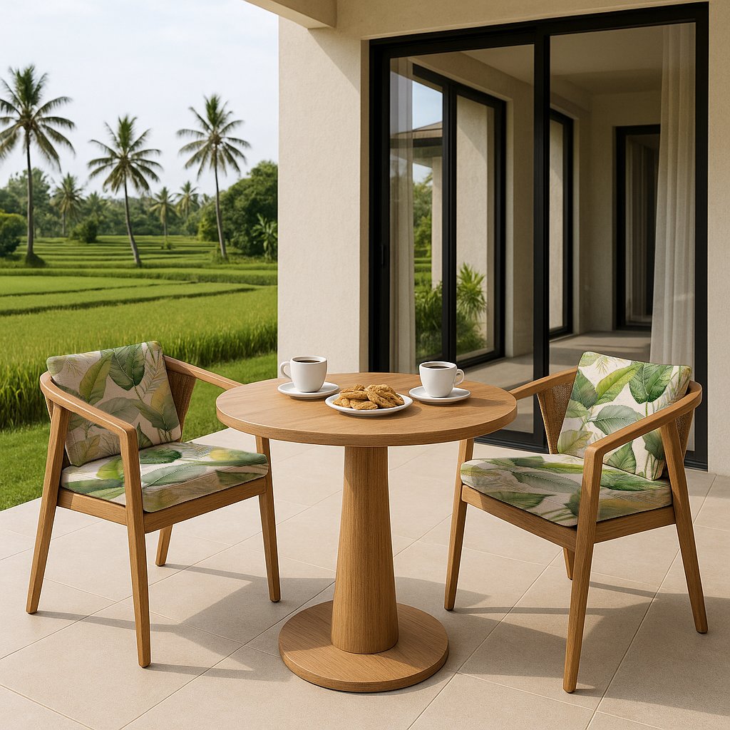 The banana leaf pattern on the cushions is a perfect match for a modern home that embraces nature right outside its door. With lush greens and organic shapes, the print brings a refreshing, tropical vibe that beautifully complements a backdrop of rice fields and swaying palm