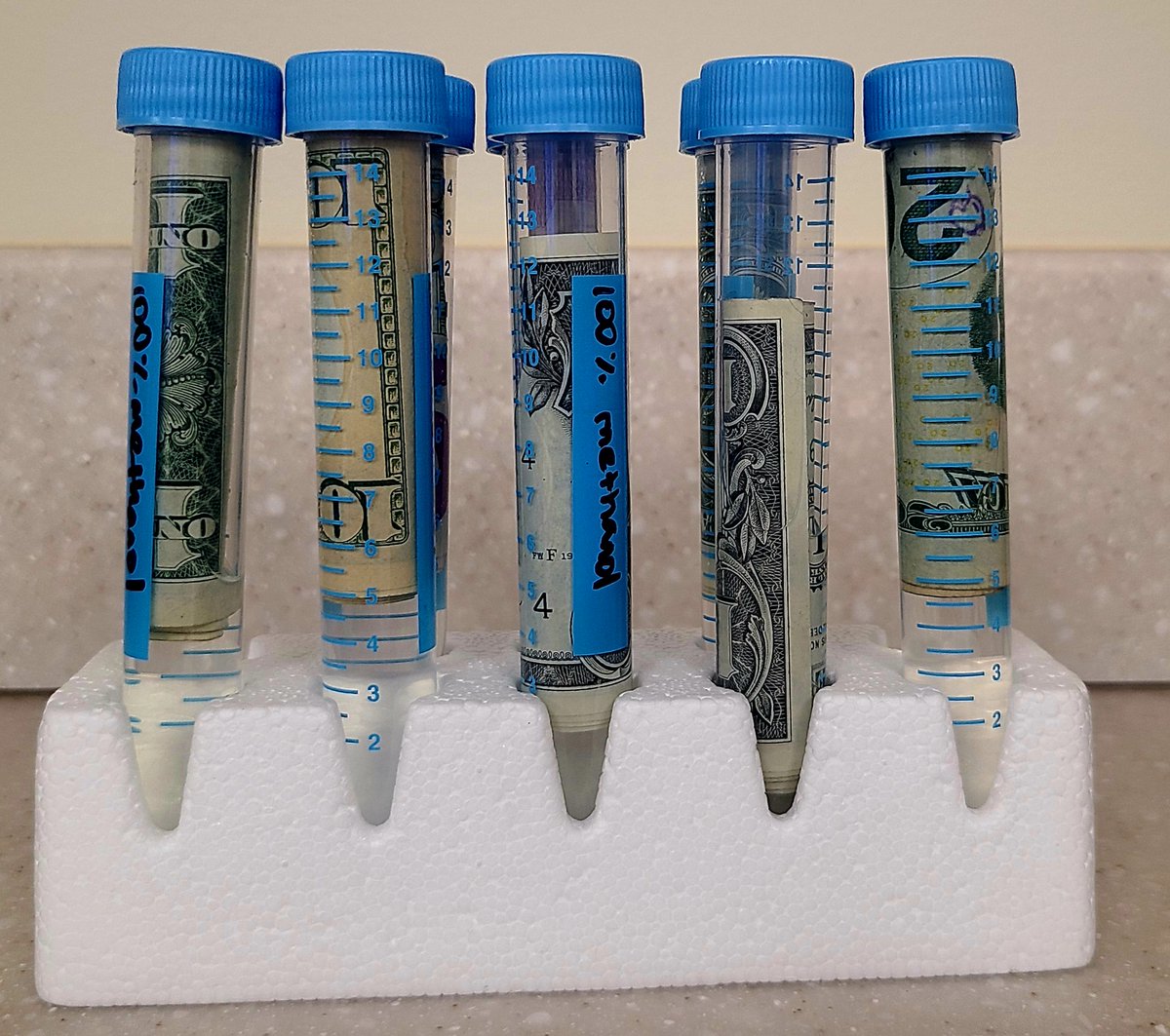 Currency Contamination II. It has been long recognized paper currency is contaminated with methamphetamine &amp; cocaine. We recently just took 1 bill (gloves &amp; forceps) from 8 physicians’ or students’ billfolds/ purses, washed bills with methanol, and screened for drugs by LC/qTOFF.
