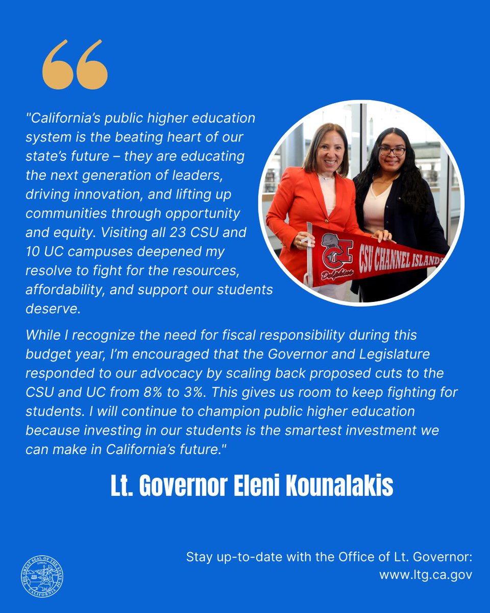 CA Lieutenant Governor (@caltgovernor) on Twitter photo California’s public colleges are the engine of our future—driving opportunity, equity & innovation. After visiting all <a href="/calstate/">The CSU</a> @uofcalifornia campuses, I’m more determined than ever to fight for the resources, access & support our students deserve.
🔗: ltg.ca.gov/2025/05/21/lt-… California’s public colleges are the engine of our future—driving opportunity, equity & innovation. After visiting all <a href="/calstate/">The CSU</a> @uofcalifornia campuses, I’m more determined than ever to fight for the resources, access & support our students deserve.
🔗: ltg.ca.gov/2025/05/21/lt-…