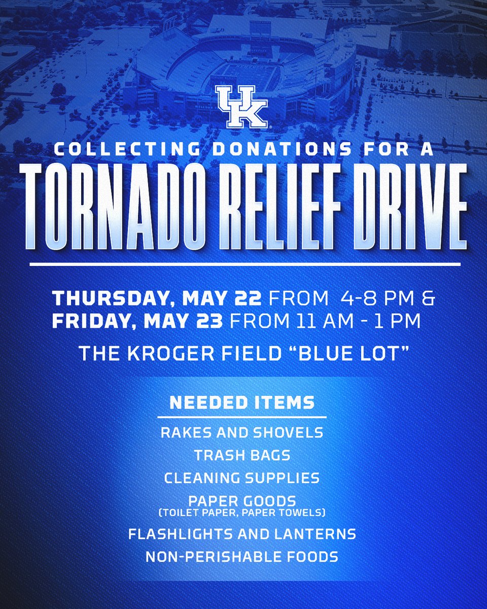 We will accept needed supplies for relief efforts in southern Kentucky in the Kroger Field “Blue Lot” off Alumni Drive Thursday and Friday.

Thursday, May 22: 4-8 p.m. 
Friday, May 23: 11 a.m. - 1 p.m.

📰🔗 bit.ly/4dsgFqh