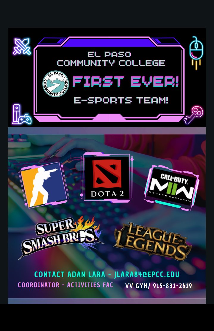 Hello everyone!! We are currently recruiting for our Athletics portion for Esports if you are a high schooler or college student wanting to start Esports EPCC is the best option!!
<a href="/EPCCNews/">EPCC</a>