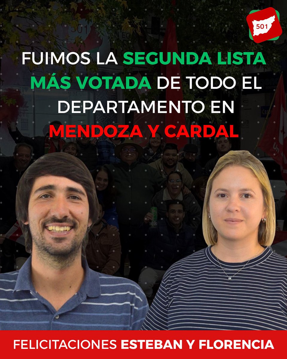 Finalizado el escrutinio departamental, la 501 fue la segunda lista más votada de todo el departamento en las localidades de Mendoza y Cardal. 
Gracias a cada vecino/a que confió en este equipo 
Felicitaciones, Esteban y Florencia por todo el trabajo realizado! 
VAMOS POR MÁS 💪