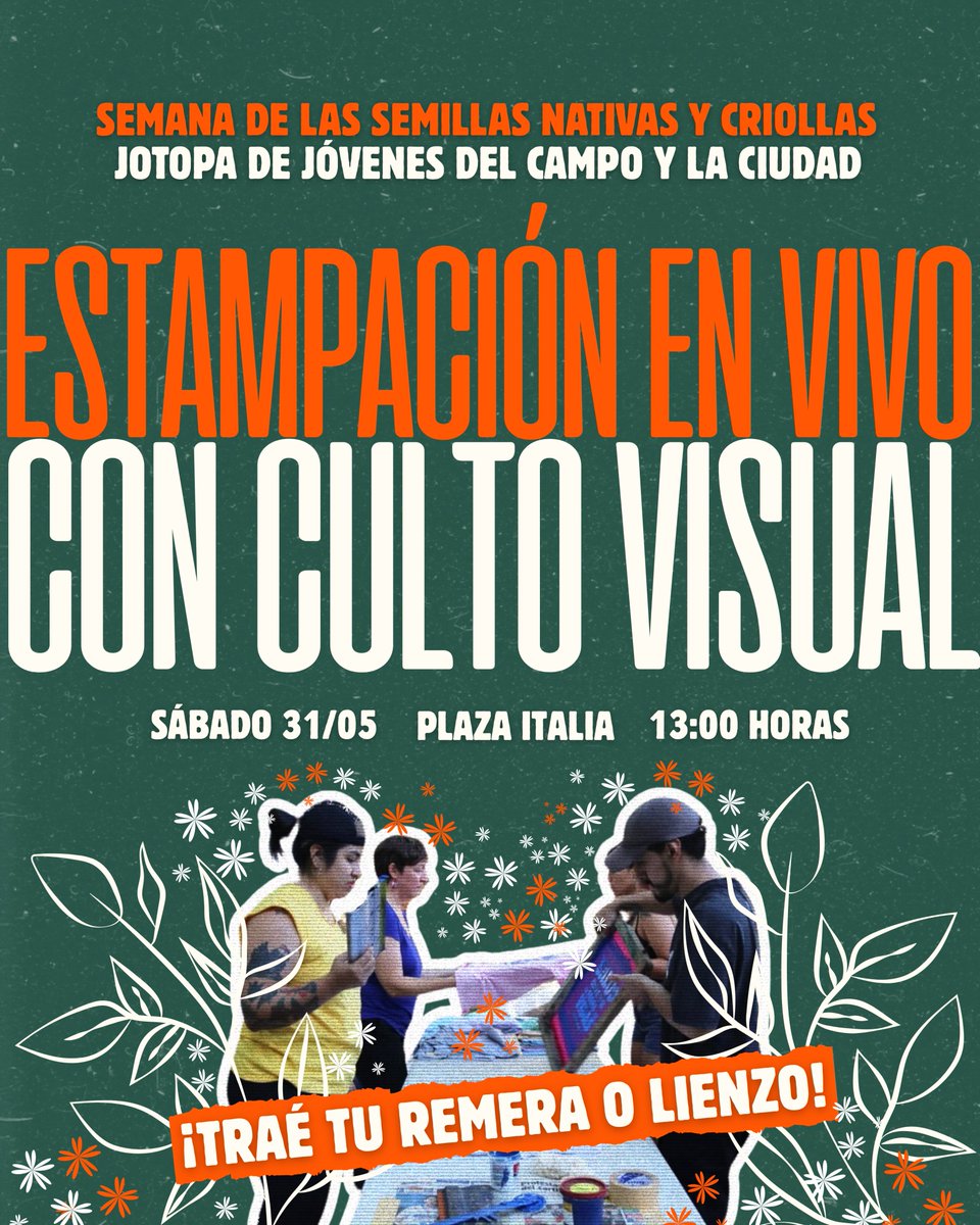 ¡CREÁ CON ESTILO EN LA FERIA DE SEMILLAS! 
👁️ Este 31/05, Culto Visual, un colectivo de activistas de la serigrafía artesanal llega con sus estampados en vivo al Jotopa de Jóvenes por el Clima y la Alimentación 🎨🔥
👕 Traé tu remera o lienzo para estampar de forma gratuita