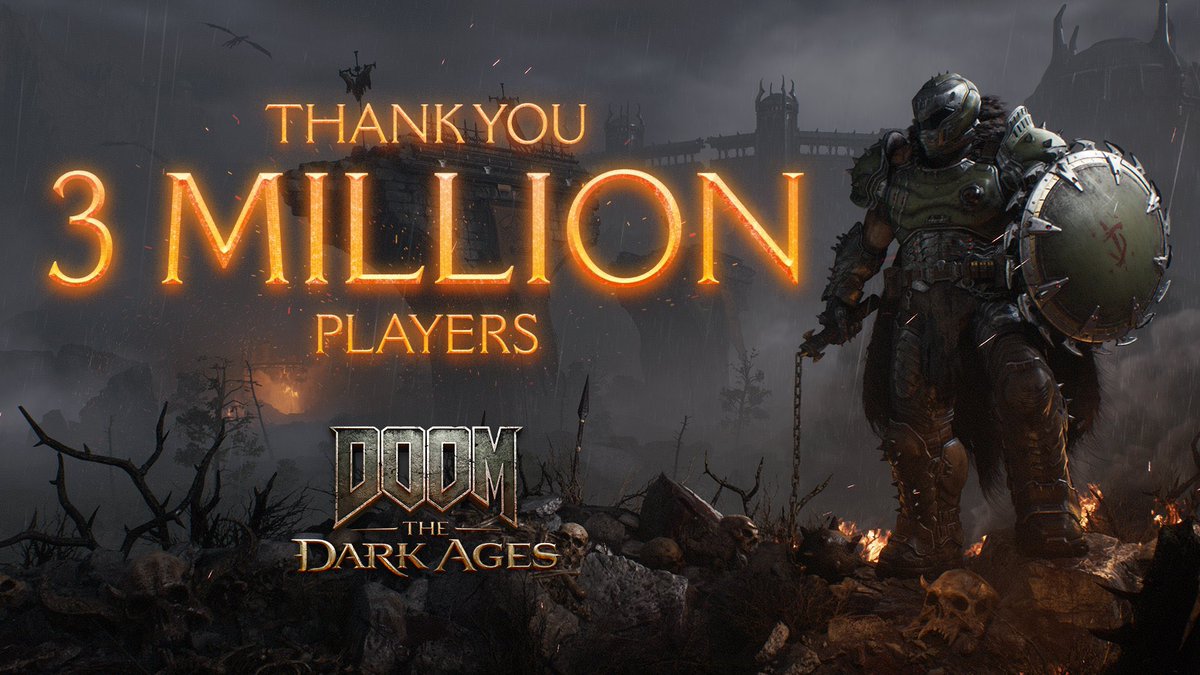 playstation_exp's tweet photo. DOOM: The Dark Ages has surpassed three million players, turning it into ID Software's biggest launch ever. https://t.co/fZDjljvwy2