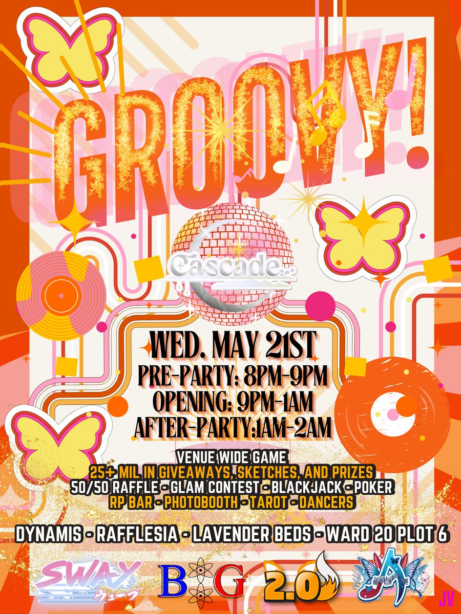 CascadeXIV (@cascadexiv) on Twitter photo Cascade - *Groovy!*
8:00pm-2:00am EST
Dynamis-Rafflesia-LB-W20-P6
- 25m+ in Art, Prizes & Giveaways
- Rhythm Rumble Venue Game
- Thematic Photobooth
- Gamba
- Tarot
- RP Bar
- And more!!
Music: <a href="/SwayyWave/">SwayWave</a>, <a href="/DJ_Blaugrana/">Blaugrana8</a>, <a href="/two_pointzero/">two pointzero</a> & <a href="/AemiliaSatella/">Aemilia 🦋🎵</a>
Flyer: Jay Ve
#FFXIV Cascade - *Groovy!*
8:00pm-2:00am EST
Dynamis-Rafflesia-LB-W20-P6
- 25m+ in Art, Prizes & Giveaways
- Rhythm Rumble Venue Game
- Thematic Photobooth
- Gamba
- Tarot
- RP Bar
- And more!!
Music: <a href="/SwayyWave/">SwayWave</a>, <a href="/DJ_Blaugrana/">Blaugrana8</a>, <a href="/two_pointzero/">two pointzero</a> & <a href="/AemiliaSatella/">Aemilia 🦋🎵</a>
Flyer: Jay Ve
#FFXIV