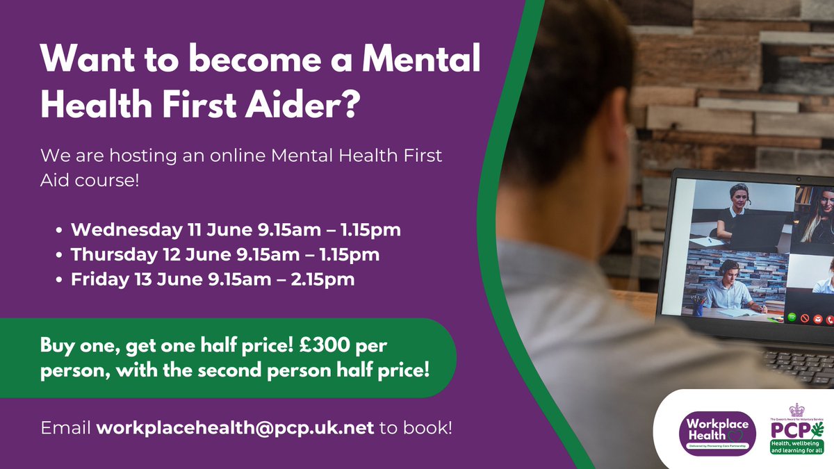New offer on our Mental Health First Aid course! 👇

Pay for one person, and get a second person half price!

The course will take place 11, 12 and 13 June,

Attendance is required on all dates. £300 per person.

Contact workplacehealth@pcp.uk.net to book your place 💜