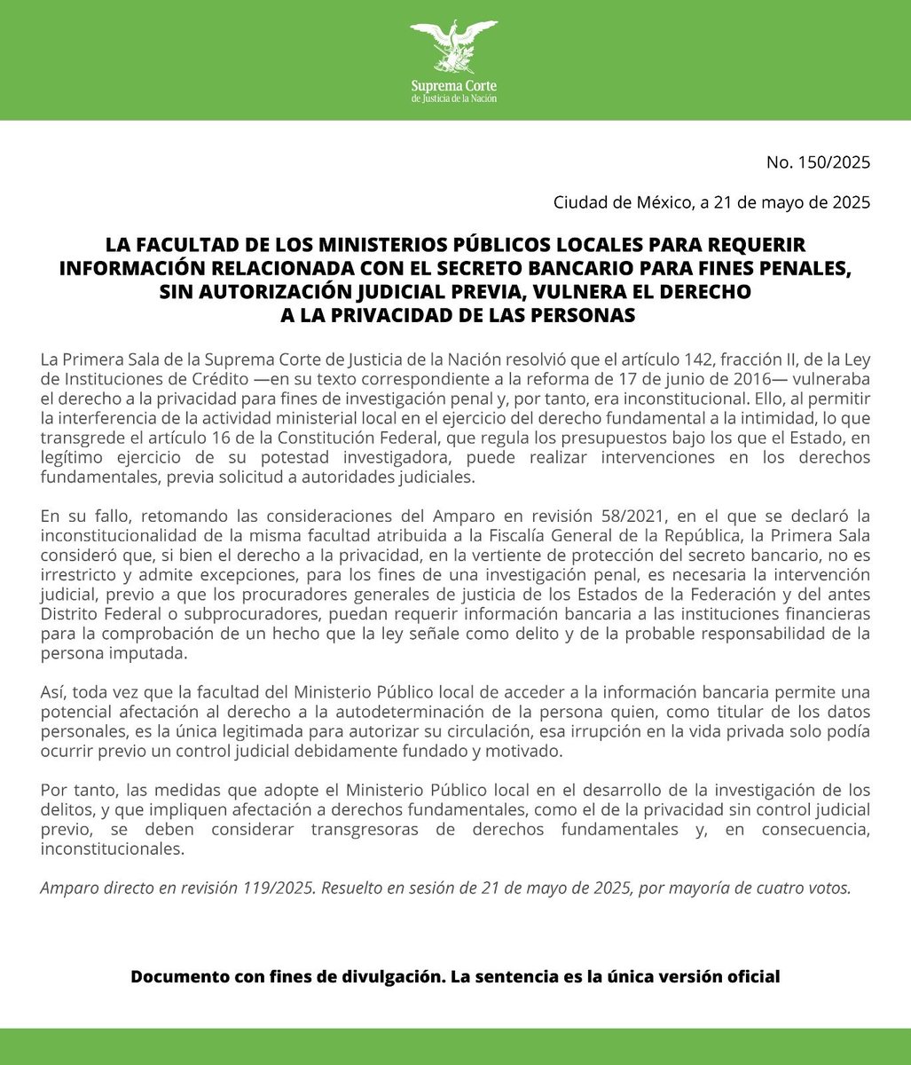 La facultad de los ministerios públicos locales para requerir información relacionada con el secreto bancario para fines penales, sin autorización judicial previa, vulnera el derecho a la privacidad de las personas, por lo que es inconstitucional: #PrimeraSalaSCJN