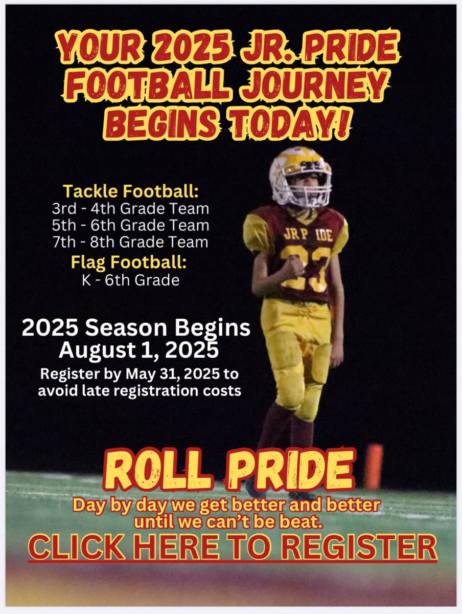 🚨Attention, Football Families!!!🚨

2025 Football Registration is  Open for 10 more days! Register today to avoid late fees! We want YOU to “Run with the Pride!”

Just click the link below &amp; scroll down to the appropriate team to get started! #RollPride

jrpride.org/Default.aspx?t…