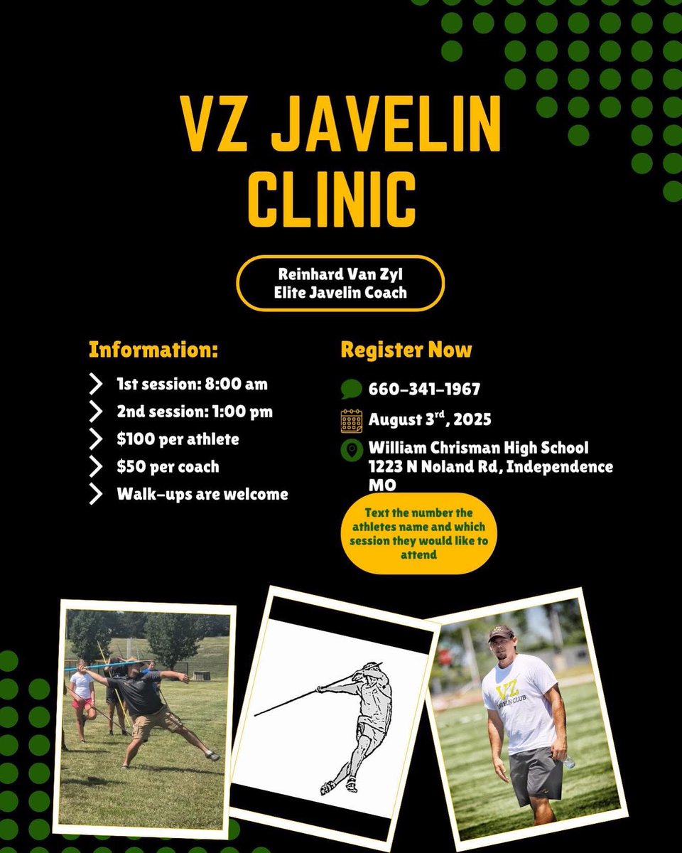 Coach Reinhard is coming to William Chrisman! #VZjavelinclub

📢: Calling ALL KC javelin throwers!
📅: August 3rd