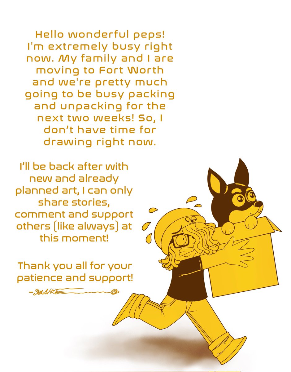 RLWhitesArt's tweet photo. Hello wonderful peps! I'm extremely busy right now- my family and I are moving to Fort Worth and we're dealing with boxes and furnishers for the next two weeks. Meaning I don't have time to draw til the end of the first week of June π
#MovingUpdate #Procreate https://t.co/TvwC2xMuCY
