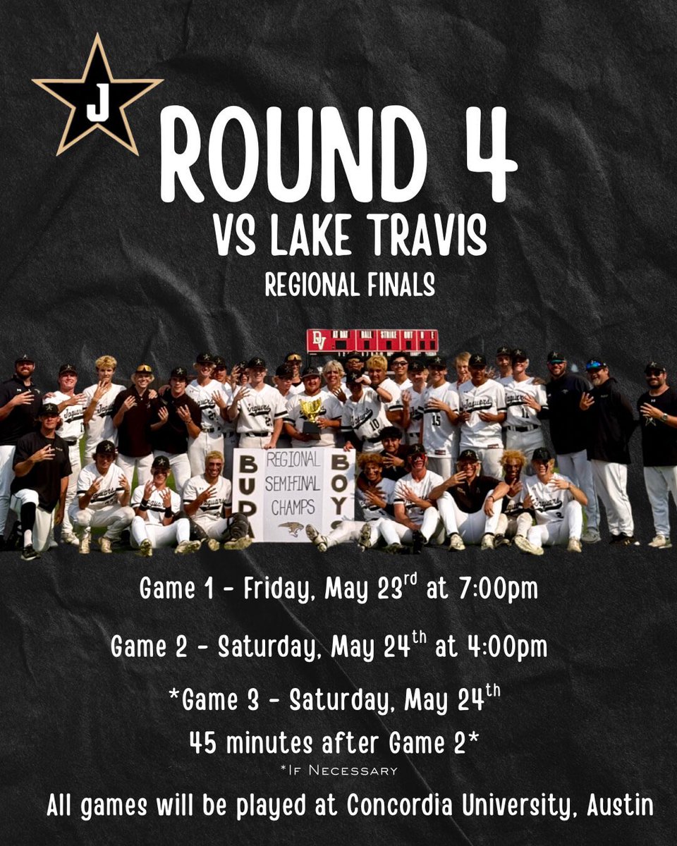 JagsClub's tweet image. ⚾️𝗥𝗘𝗚𝗜𝗢𝗡𝗔𝗟 𝗙𝗜𝗡𝗔𝗟𝗦⚾️
Jaguar Baseball takes on Lake Travis in the regional finals, starting Friday at Concordia University!
Game 1: Friday, 7pm
Game 2: Saturday, 4pm
Game 3 (if necessary): 45 min after game 2
Cash/Card @ the gate
Lets go Jags 🐆