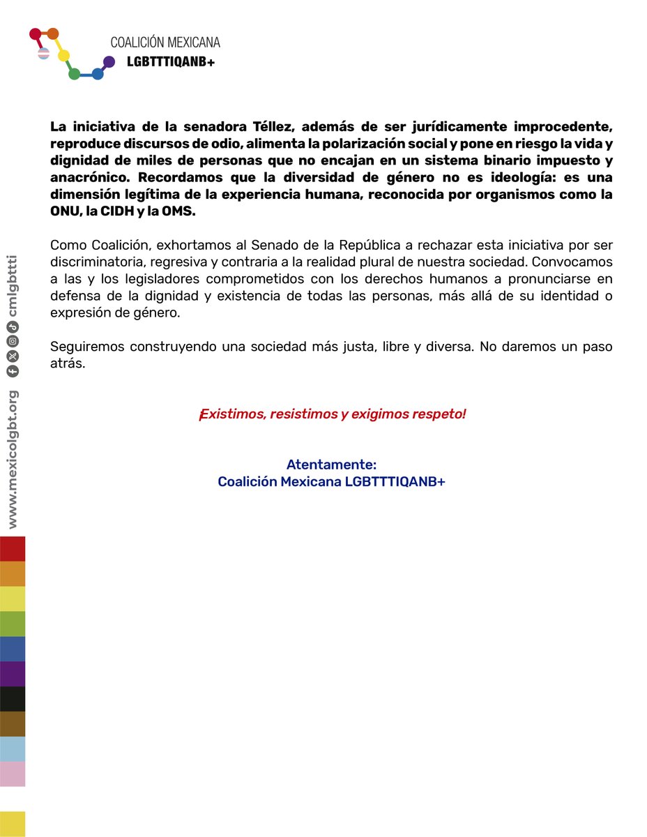 Coalición Mexicana LGBTTTI+ (@cmlgbttti) on Twitter photo 🚨 La iniciativa de <a href="/LillyTellez/">Lilly Téllez</a> que busca borrar identidades trans, no binarias e intersex es un retroceso inaceptable.
Desde la MLGBTTTIQANB+ decimos: NO PASARÁ.
🏳️⚧️ Existimos, resistimos y exigimos respeto.
#NoBorraránNuestraIdentidad #CoaliciónLGBTTTIQANB #LGBTQ 🚨 La iniciativa de <a href="/LillyTellez/">Lilly Téllez</a> que busca borrar identidades trans, no binarias e intersex es un retroceso inaceptable.
Desde la MLGBTTTIQANB+ decimos: NO PASARÁ.
🏳️⚧️ Existimos, resistimos y exigimos respeto.
#NoBorraránNuestraIdentidad #CoaliciónLGBTTTIQANB #LGBTQ